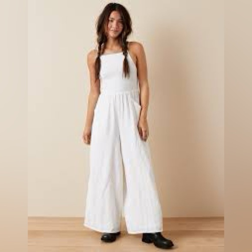 American Eagle Smocked High Neck Wide Leg Jumpsuit